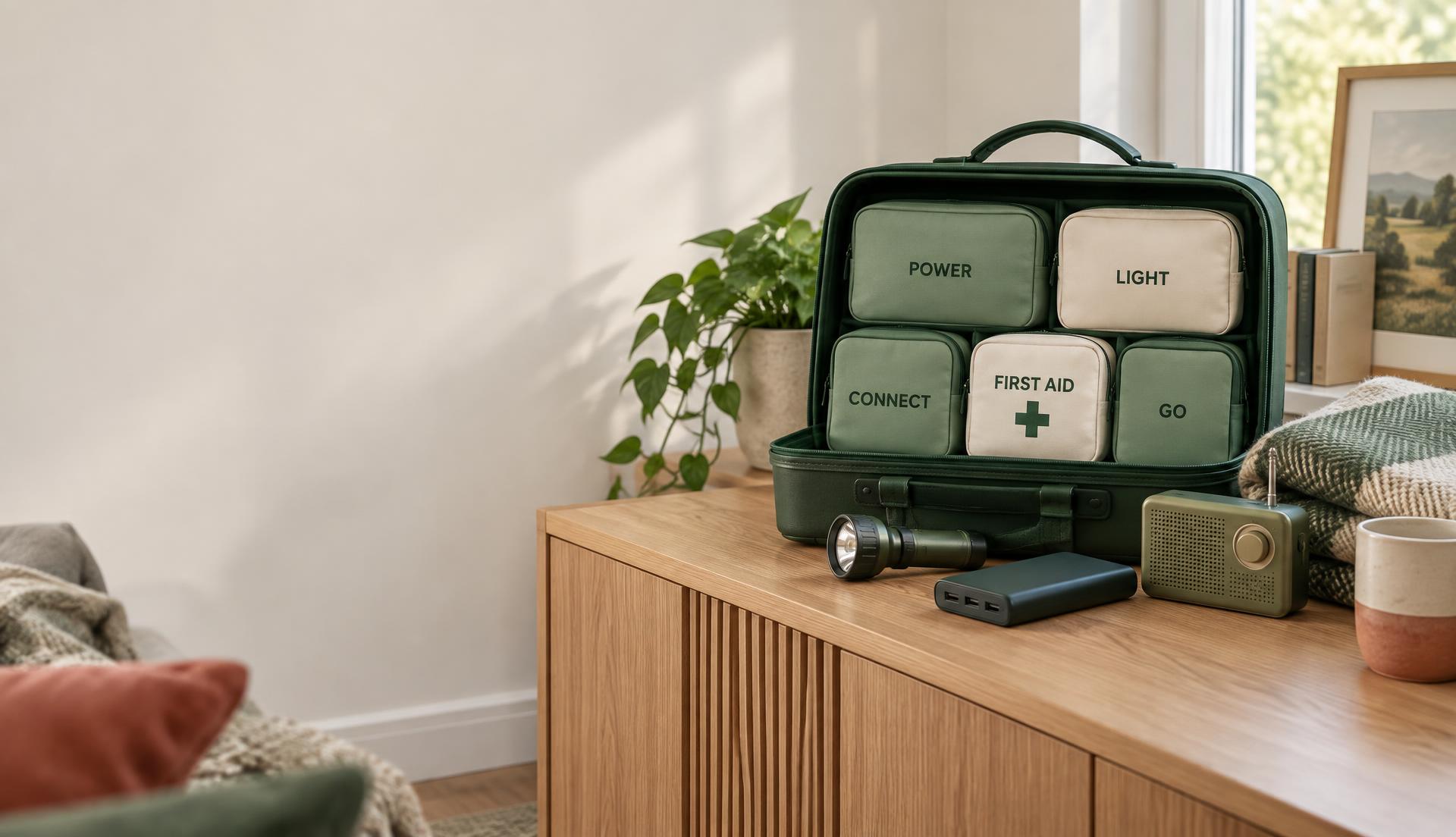 Concept of a neatly organised household emergency case with labelled modules for power, light, connection, first aid and leaving home